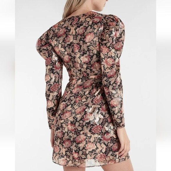 EXPRESS Floral Metallic Gold Puff Sleeve Shoulder Sheath Wrap Dress Size large - Picture 13 of 15